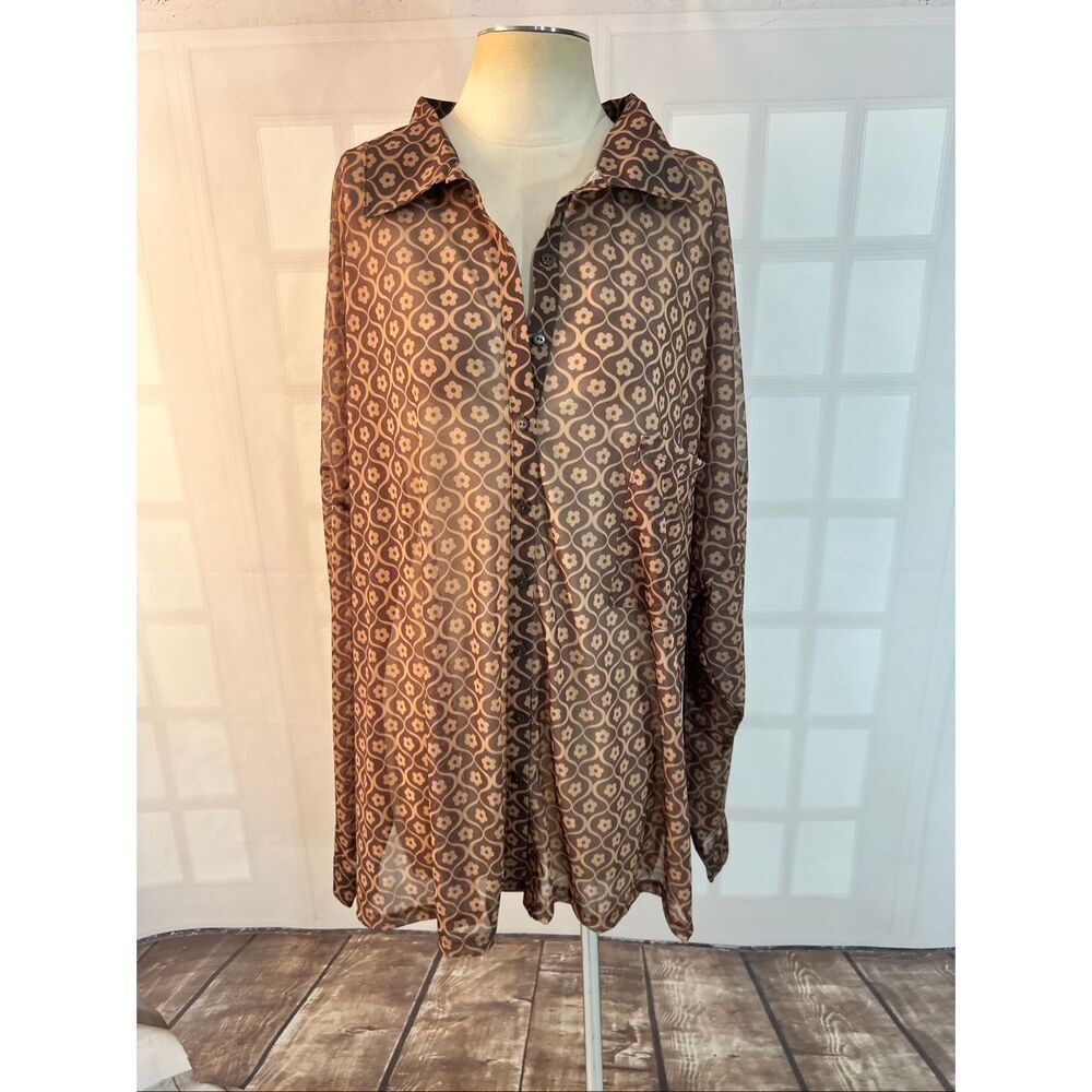 ASOS Design Brown Geometric Floral Print Semi Sheer Long Sleeve Blouse Size 24